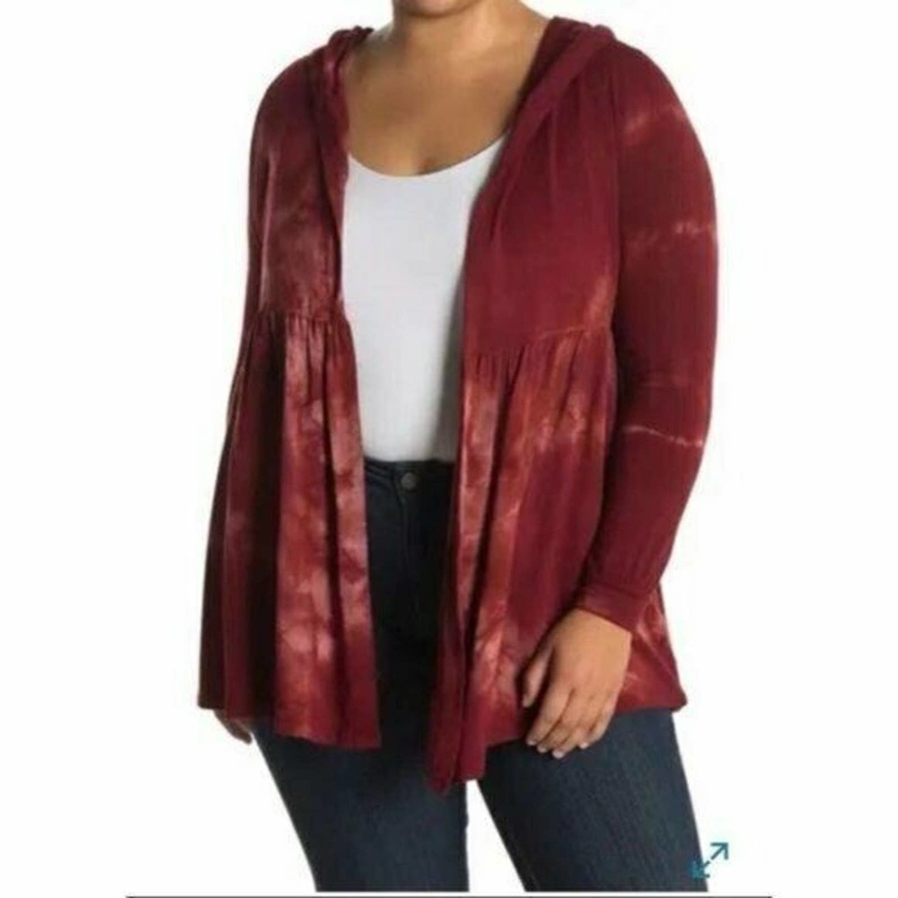Baea Womens Red Tie Die Long Sleeve Open Front Hoodie Cardigan Sweater Size M